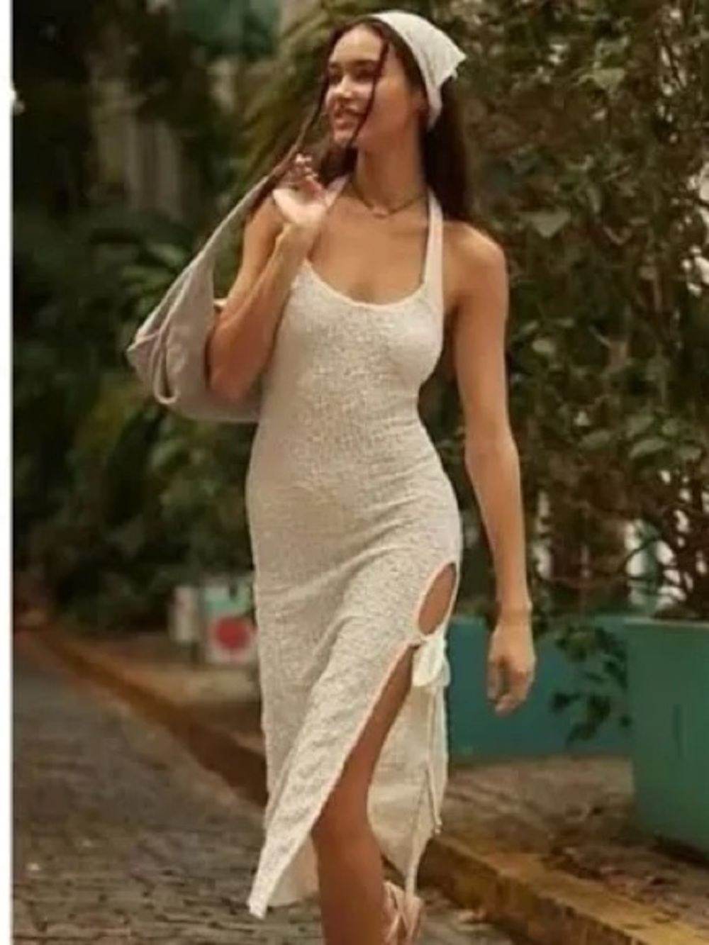 Free People Cream Knit Midi Halter Dress with Side Tie